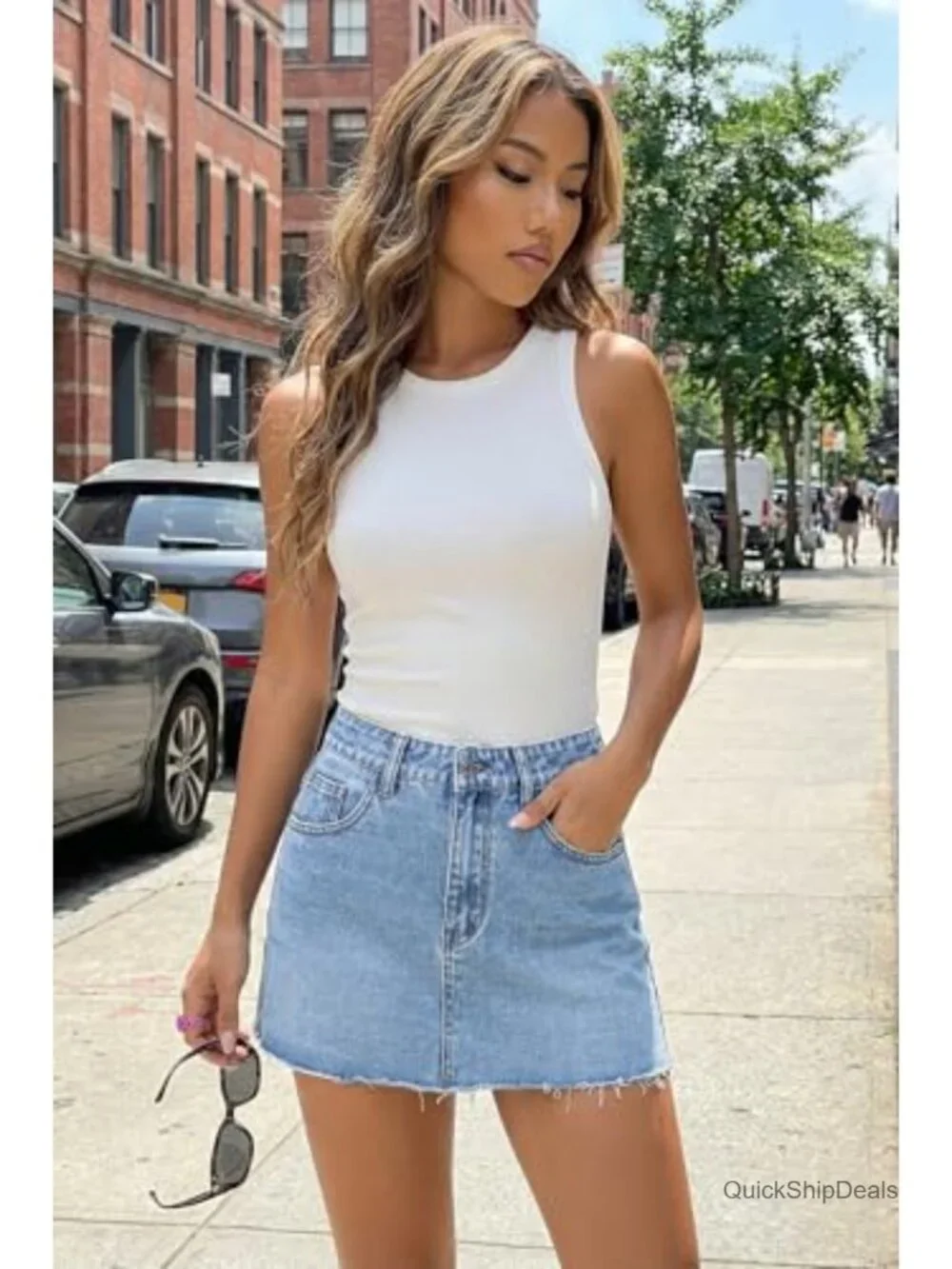 Womens Mini Denim Skirt High Stretch Raw Hem 2 Pockets